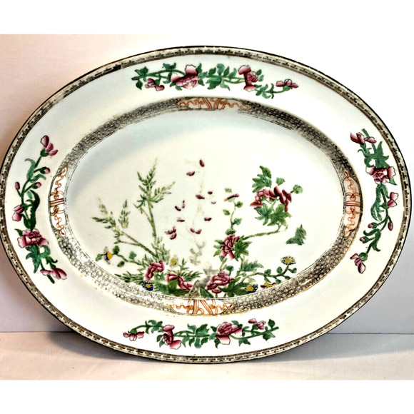 Antique Indian Tree Large 14" Oval Serving Platter Unmarked Late 19th Century - Picture 1 of 8